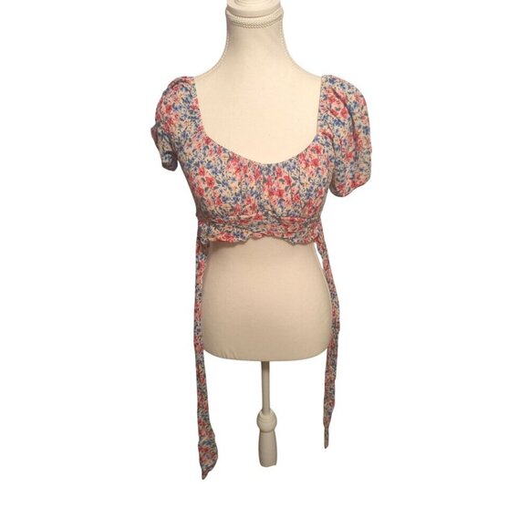 Altar'd State Pink Size Medium Floral Cropped Blouse With Puff Sleeve Tie Around - Picture 5 of 10